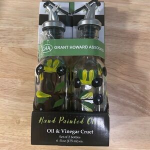 Grant Howard Olive Oil & Vinegar Glass Cruet Set Hand Painted Dispenser 6 oz New
